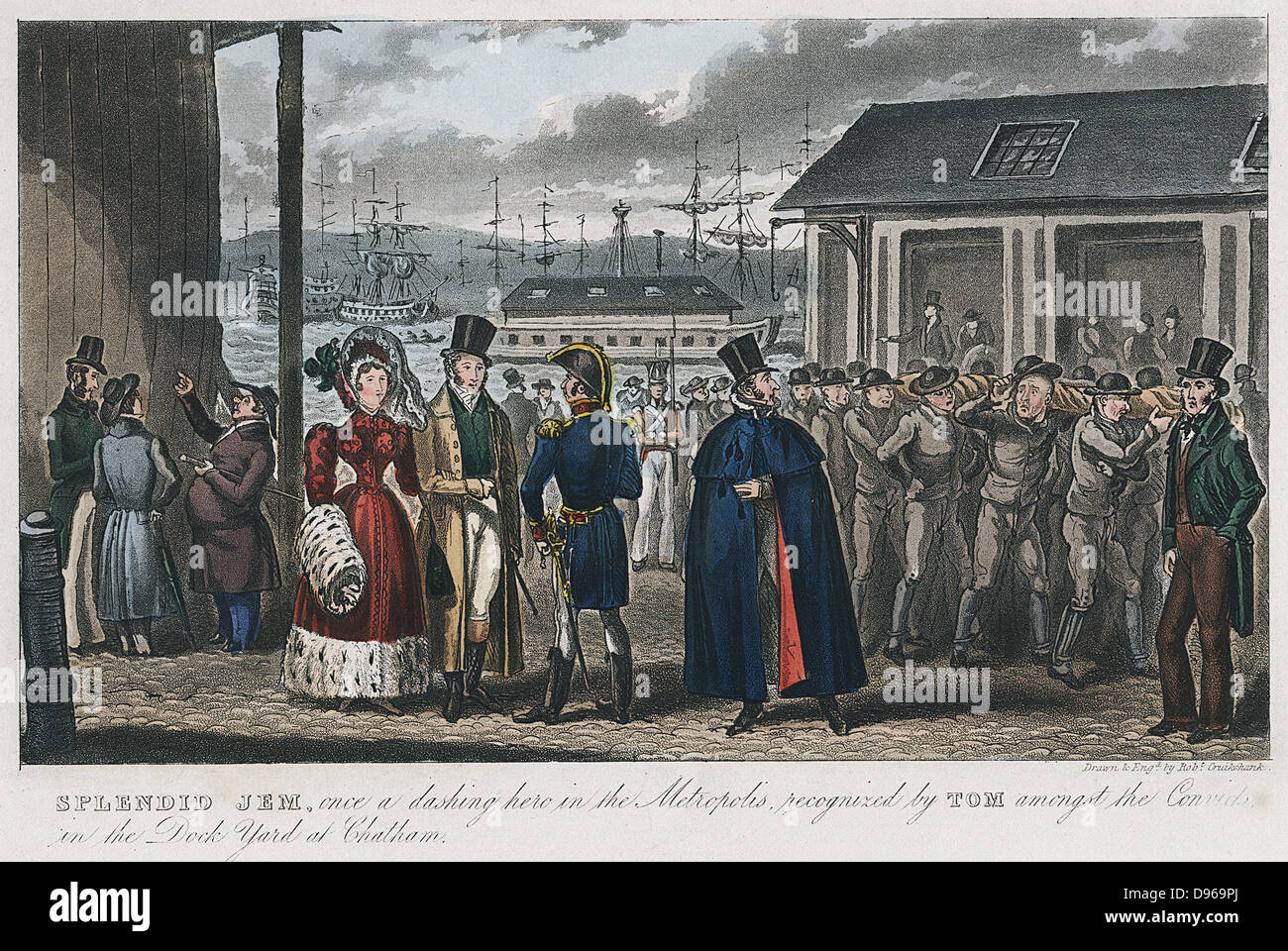 Splendid Jem', once a dashing hero in the Metropolis, recognised by Tom amongst the convicts in the Naval Dock Yard at Chatham'. Illustration by Robert Cruikshank for Pierce Egan 'Life in London', 1821. Aquatint. Prisoners housed in hulks (on River Medw Stock Photo