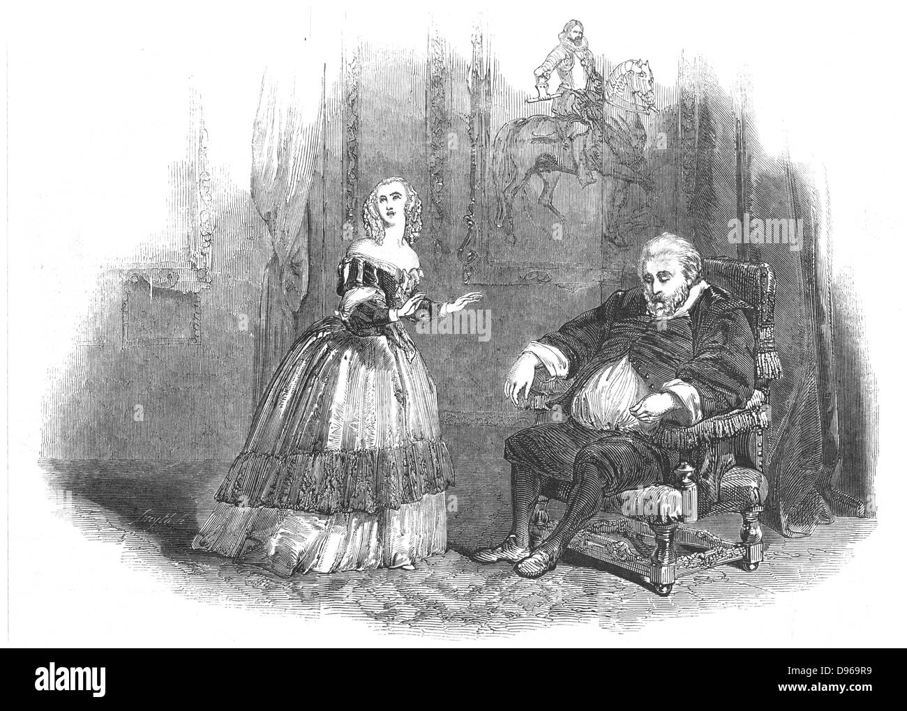 Il masnadieri (The Brigands) opera by the Italian composer Guiseppe Verdi (1813-1901), libretto by A Maffei based on Schiller's 'Die Rauber'.  Jenny Lind (1820-1887), Swedish soprano, and Luigi Lablache (1794-1858), Italian buffo bass, in the first performance of the work: Her Majesty's Theatre, London. Wood engraving from 'The Illustrated London News', 31 July 1847 . Stock Photo