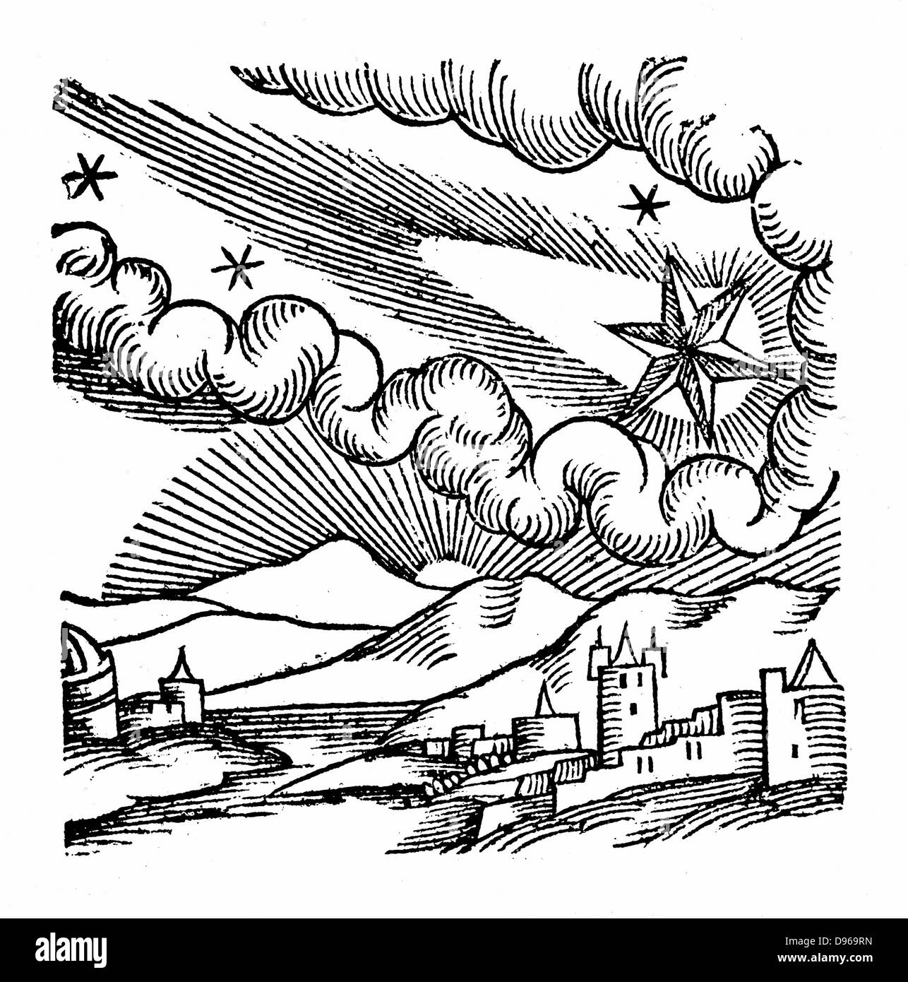 Comet of 1546 (Halley). At this appearance the comet was excommunicated by Pope Calixtus III. From Conrad Lycosthenes 'Prodigioum ac ostentorum chronicon' Basle 1557. Woodcut Stock Photo