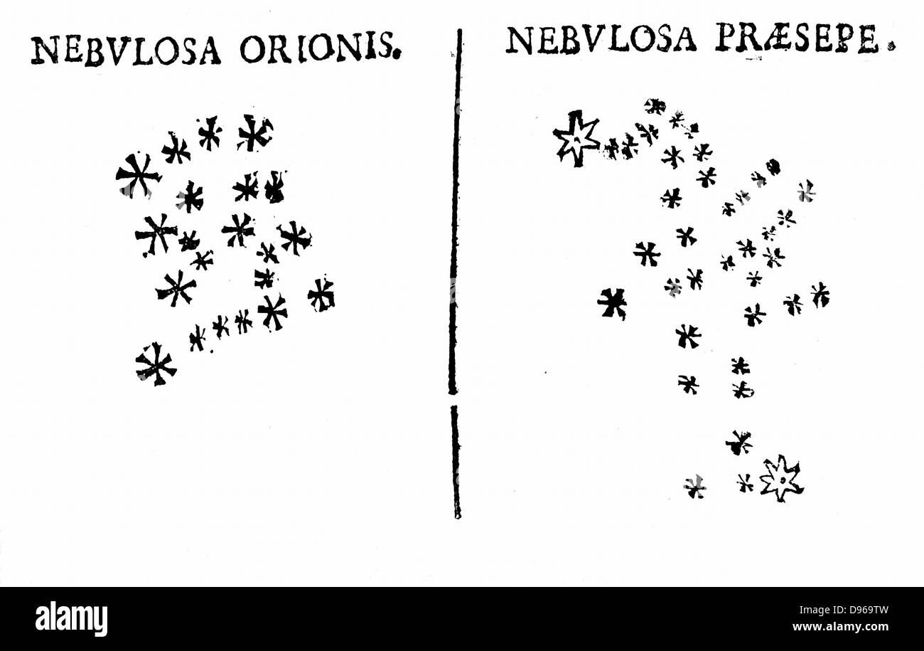 Galileo's observation of the star cluster in Orion and of the Praesepe cluster. Originally published in his 'Sidereus Nuncius' 1610. Woodcut Stock Photo