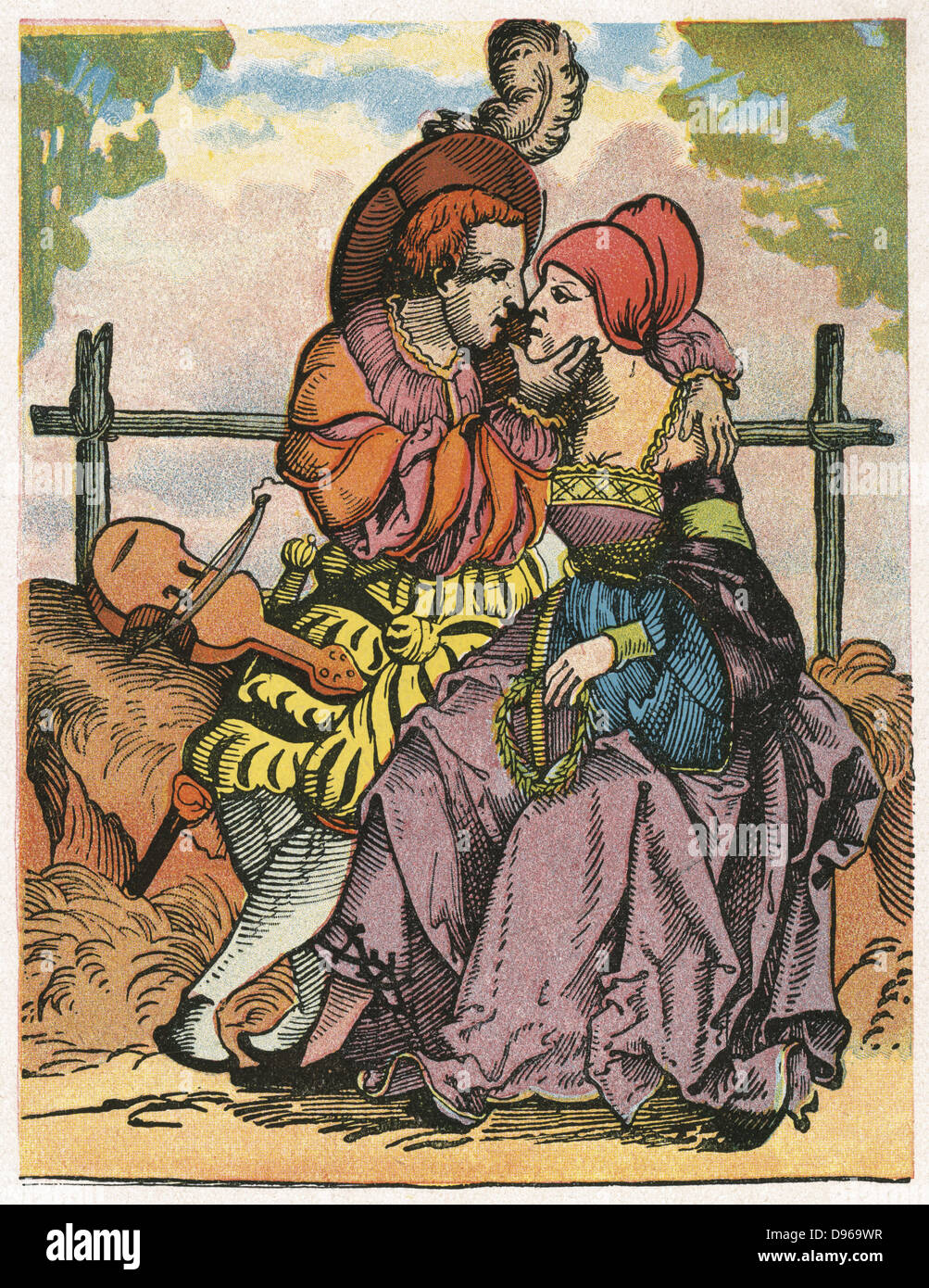 The Two Lovers.   On the bank beside the man is an instgrument of the viol family. 16th century woodcut. Stock Photo