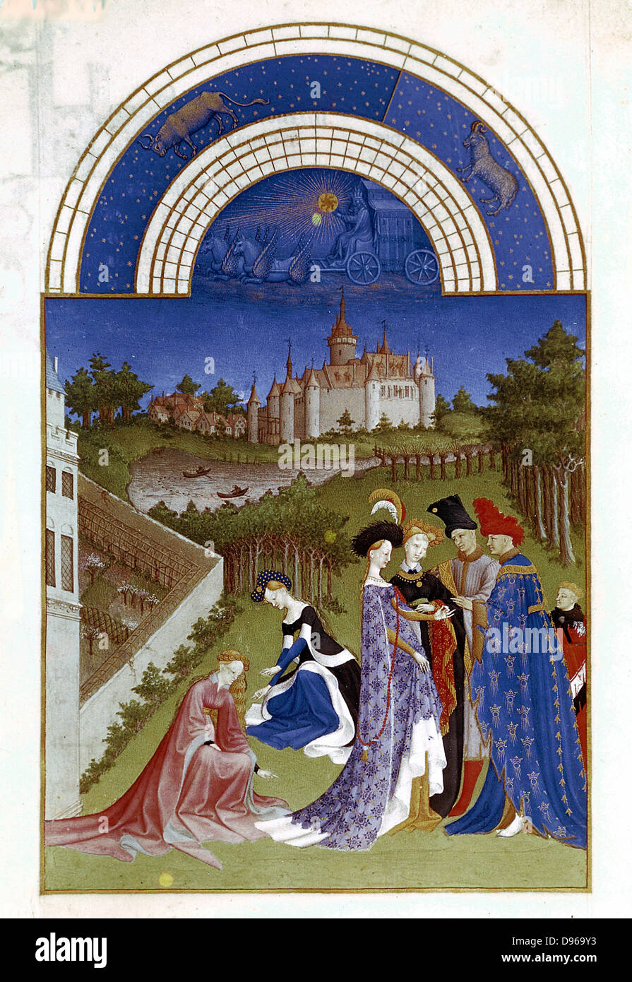 April: Planetary figure of Sun in his chariot: Zodiac figures of Aries (Ram) and Taurus (Bull) at top. Duc de Berry in blue robe, left with ladies and attendants in open air. In front of chateau boatmen net fish in dammed pond. Pollarded trees; Plantation; Walled Garden to right.  From 'Les Tres Riches Heures du Duc de Berry'  (Book of Hours). Illuminated manuscript by Limbourg Brothers pre 1416. Musee de Conde, Chantilly. Stock Photo