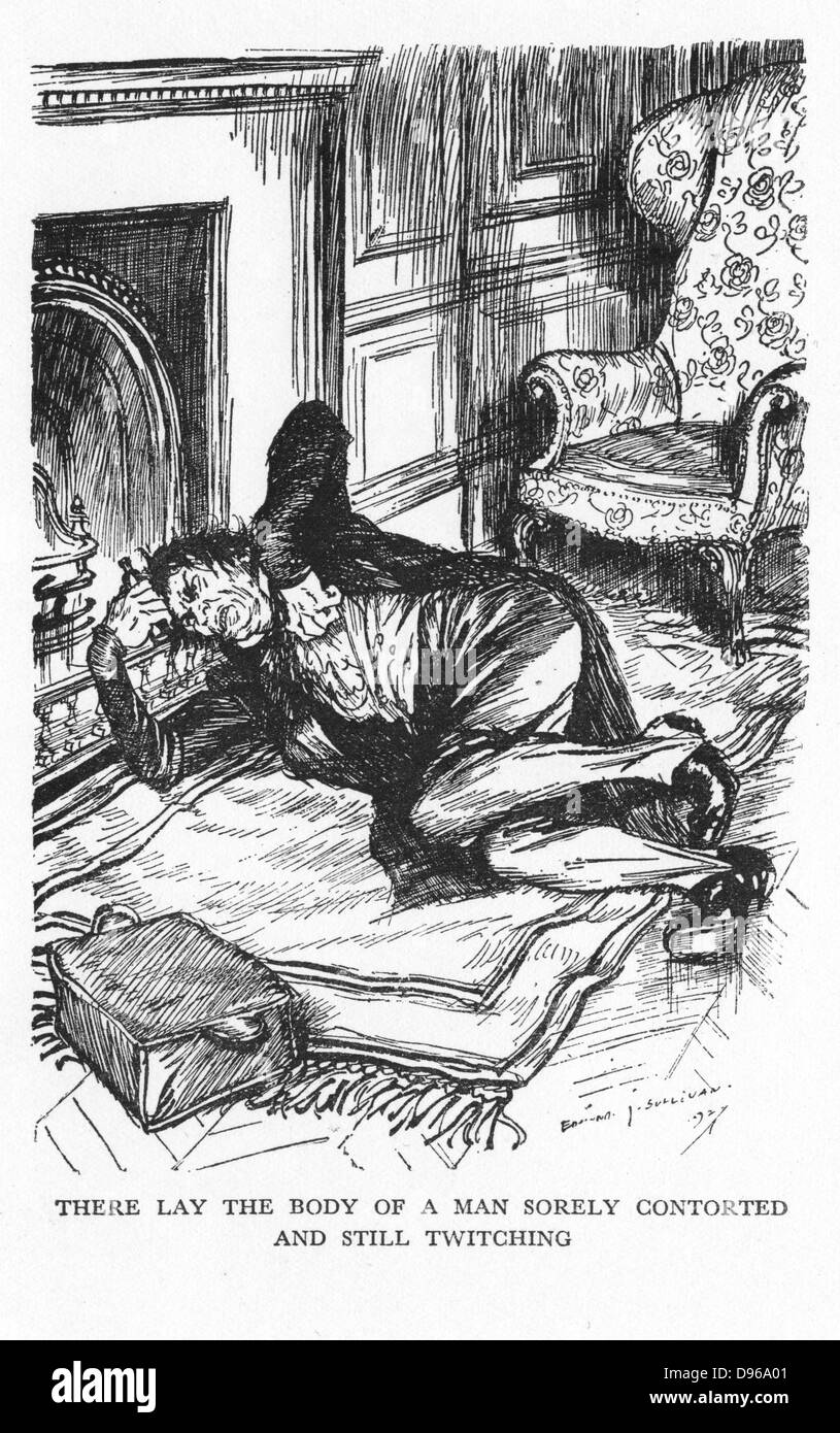 Robert Louis Stevenson 'The Strange Case of Dr Jekyll and Mr Hyde' first published 1886. Mr Utterson and Jekyll's butler, having broken down the laboratory door, finds Hyde not yet back to being Dr Jekyll. Illustration by Edmund J Sullivan  from an edition published 1928. Stock Photo