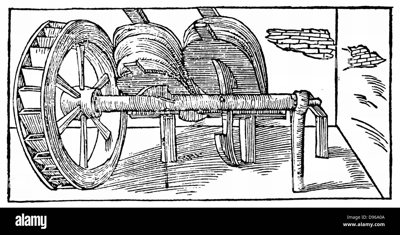 Bellows operated by a camshaft powered by a water wheel. This application of the medieval invention of the cam enabled both bellows to be powered by the same water wheel. From Biringuccio 'De la Pirotechnia' Venice 1540. Woodcut. Stock Photo