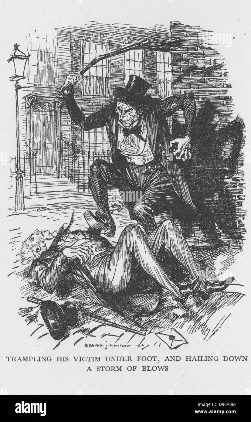 Robert Louis Stevenson 'The Strange Case of Dr Jekyll and Mr Hyde' first published 1886. Mr Hyde clubbing Sir Danvers Carew to death 'with ape-like fury' observed by a maidservant at full moon. Illustration by Edmund J Sullivan  from an edition published 1928. Stock Photo