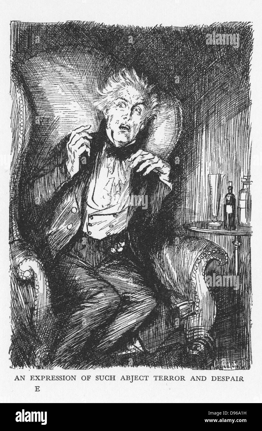 Robert Louis Stevenson 'The Strange Case of Dr Jekyll and Mr Hyde' first published 1886. 'An expression of such abject terror and despair' comes across Dr Jekyll's face in the middle of a conversation with Mr Utterson and Mr Enfield. Illustration by Edmund J Sullivan from an edition published 1928. Stock Photo