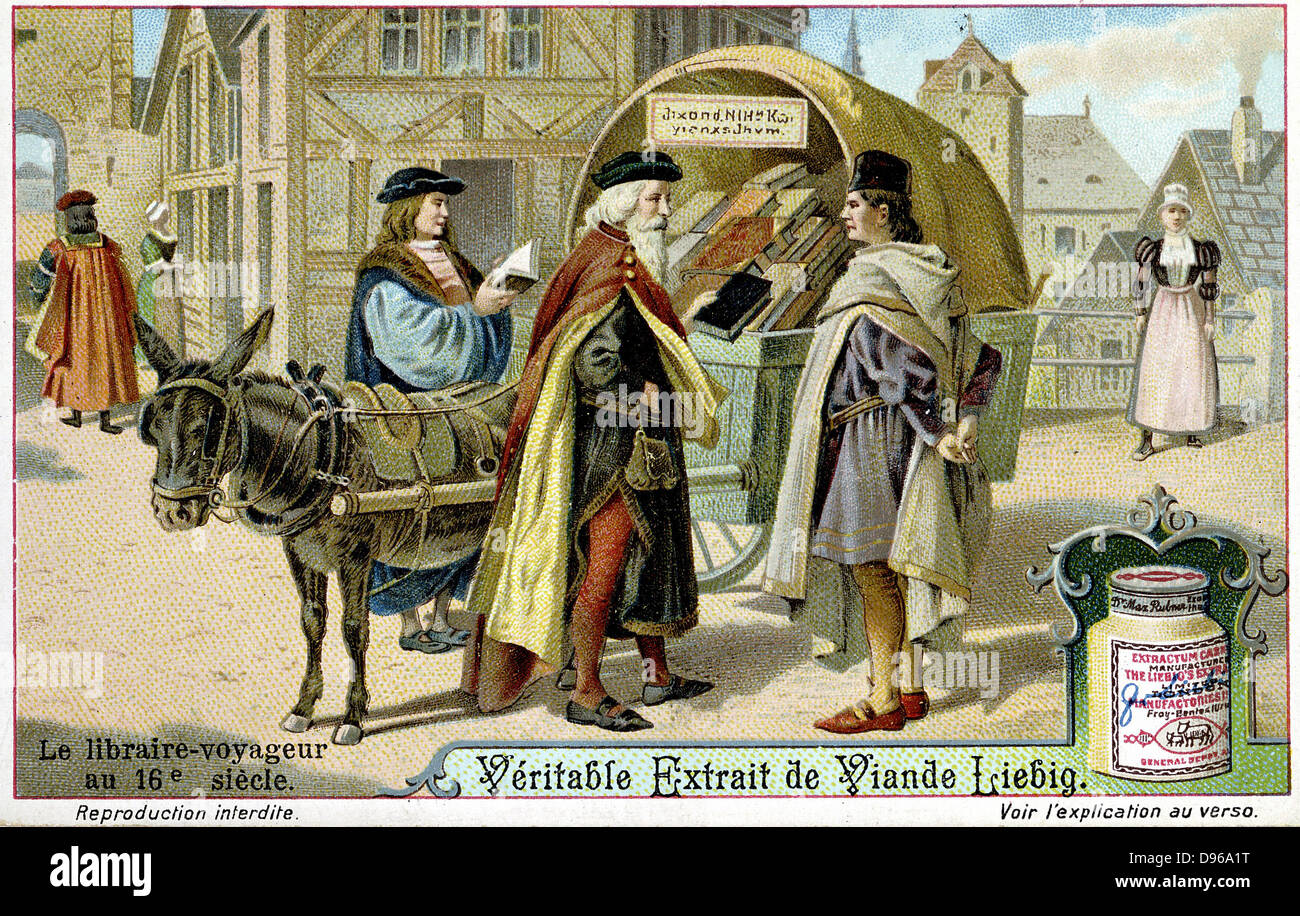Artist's reconstruction of an itinerant 16th century bookseller with covered donkey cart of books. Late 19th century Liebig trade card. Chromolithograph. Stock Photo
