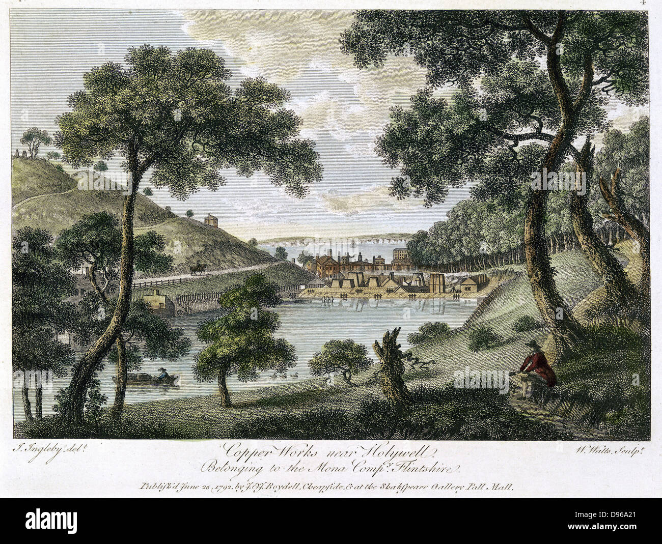 Copperworks near Holywell, Flintshire, Wales owned by the Mona Company, showing industrialisation in a rural landscape. Copper was mined in Angelsey (Mona).  Hand coloured engraving 1792. Stock Photo
