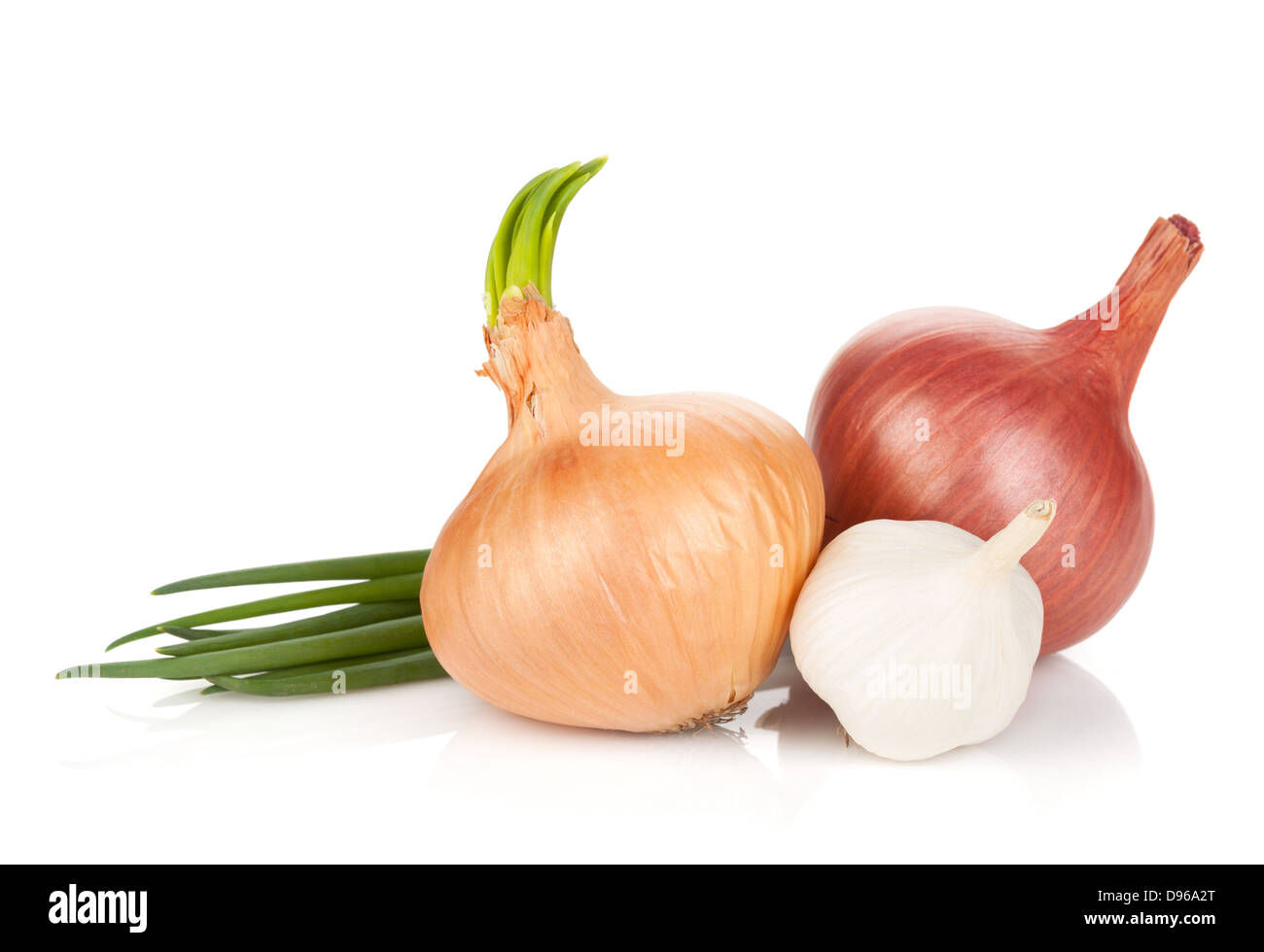 Fresh ripe onion and garlic. Isolated on white background Stock Photo