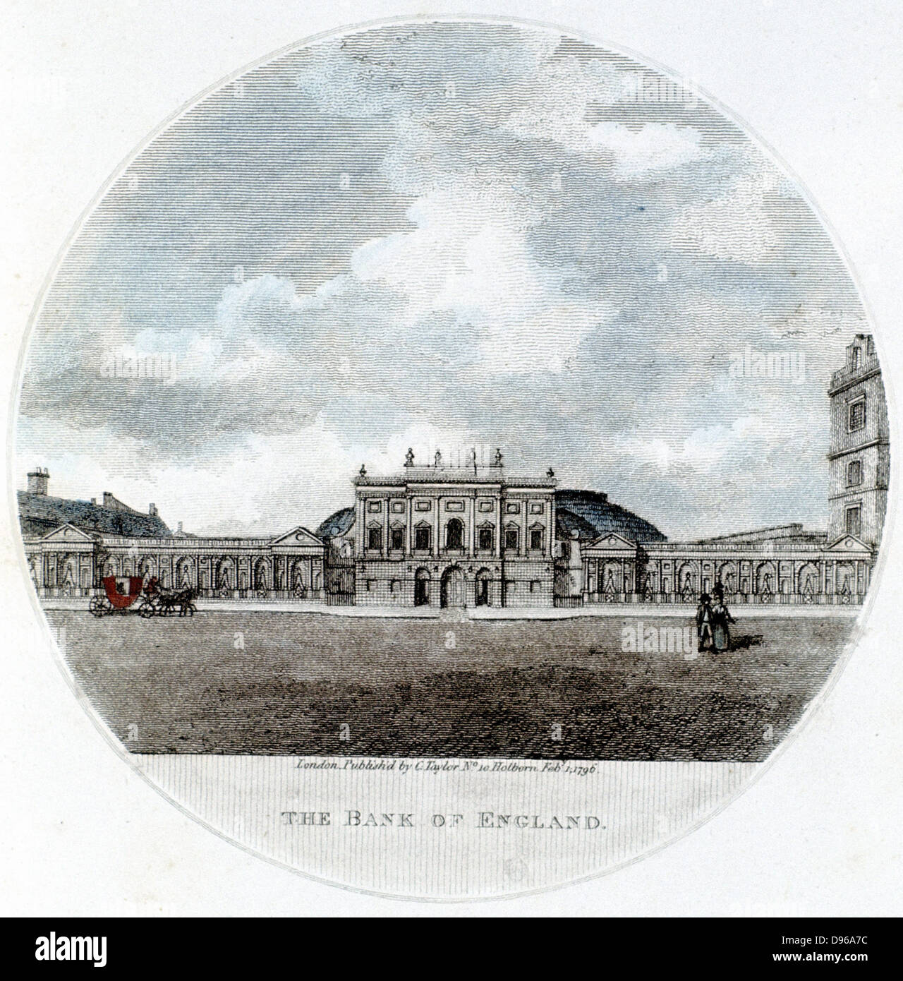 Façade of The Bank of England, London. Hand-coloured engraving 1796 Stock Photo