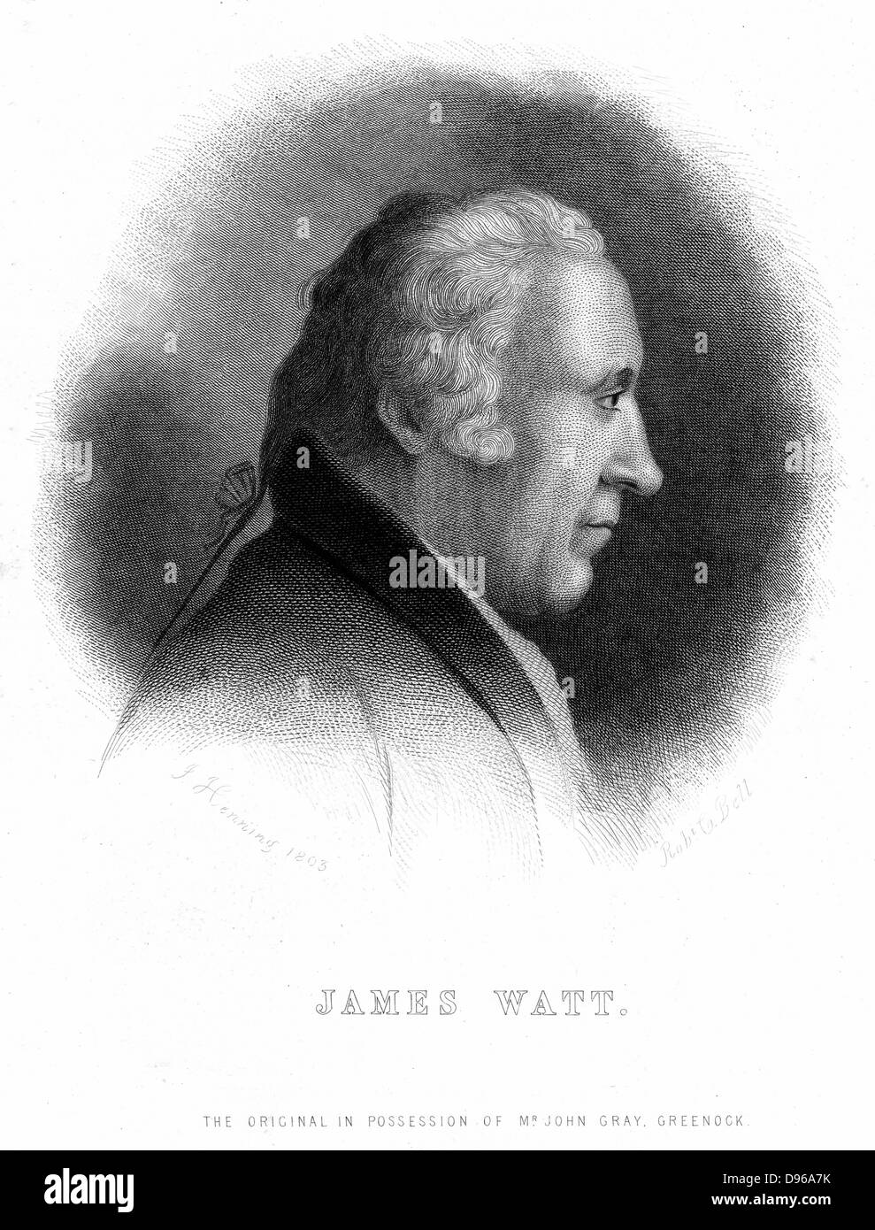 James Watt (1736-1819) Scottish engineer. Engraving after picture of 1803 by John Henning. Profile. Stock Photo