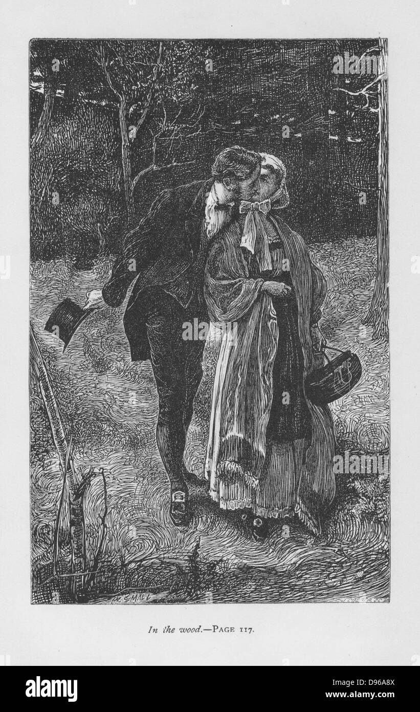 Hetty Sorrel, beloved of Adam Bede, meeting the young squire Arthur Donnithorne in the woods. Hetty has his child and is convicted of infanticide and condemned to death. Through Donninghorne's intervention the death sentence is commuted to transportation.  'Adam Bede' by George Eliot , first published 1859. Illustration by William Small (1843-1929) from an edition published c1885. Stock Photo
