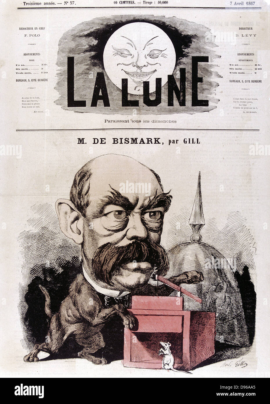Otto von Bismarck (1815-1904) Prussian (German) statesman. Chancellor of new German empire 1866-1890. Gill cartoon published in 'La Lune' Paris 1867 showing Bismarck as cat with mousetrap. Coloured engraving Stock Photo