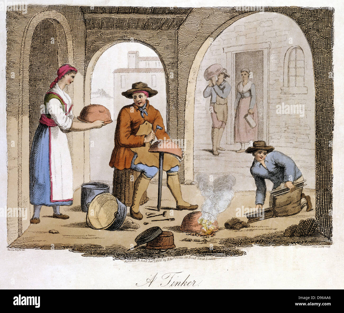 Itinerant Tinker and his boy assistant: Woman brings utensil for repair. Leather tool bag doubles as bellows creating draught for little forge. Piemonte (Piedmont) district, Northwest Italy. From Airetti 'Italian Costume, Scenery and Customs' London 1825 Stock Photo