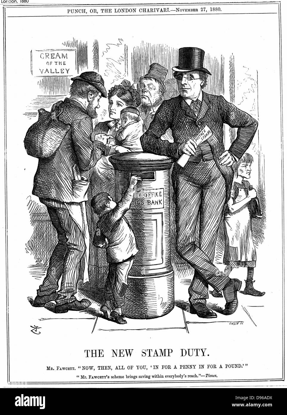 John Tenniel's cartoon concerning the Postmater General, Henry Fawcett's introduction of the Post Office Savings Bank penny stamp savings scheme. From 'Punch', London, 1880 Stock Photo