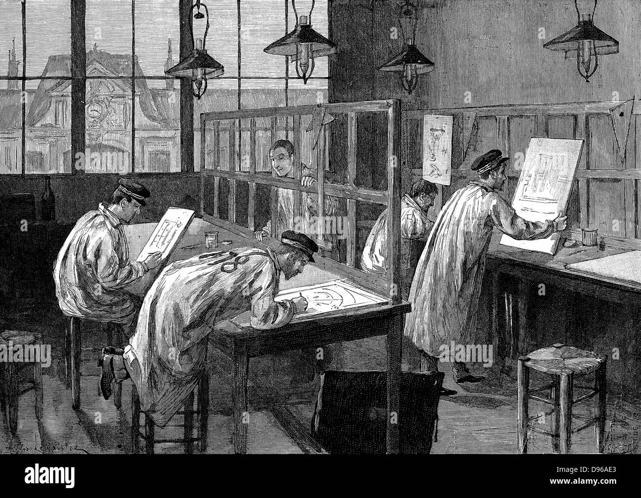 First year students at L'Ecole Centrale des Arts et Manufactures, Paris, working in their private study time. Wood engraving Paris 1887 Stock Photo