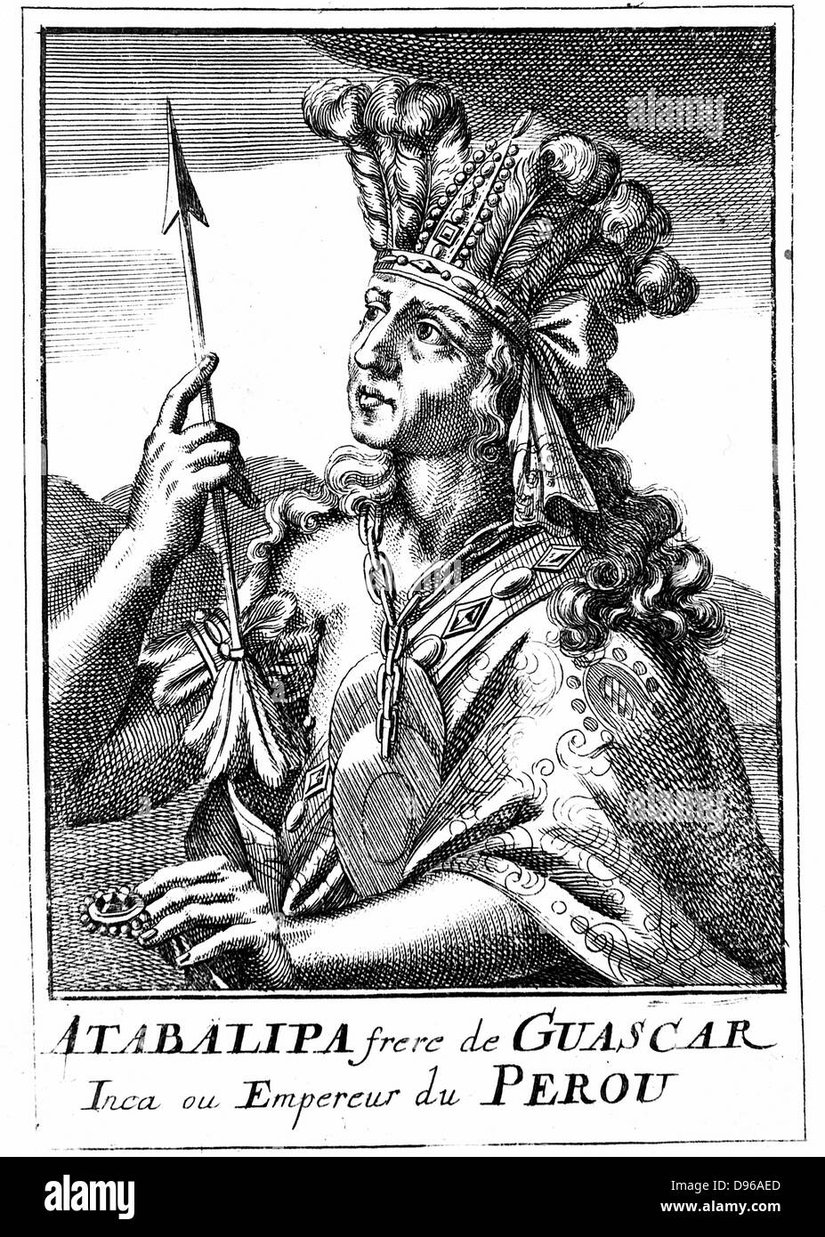 Atahualpa (d1553) last Inca emperor of Peru. Captured by Pizarro who, after extorting a huge ransom, put him to death for heresy (against Christianity). Copperplate engraving, 1686. Stock Photo