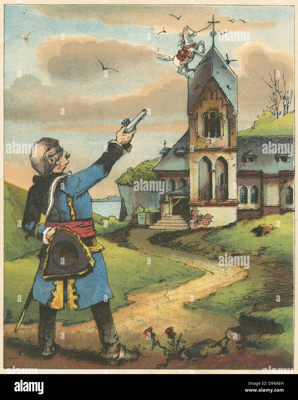 Munchausen, having tethered his horse to pole in snowstorm, in morning finds snow gone and horse on church spire. Ever resourceful, he severs tether with a shot, mounts and continues his journey. From RE Raspe  'The Travels and Surprising Adventures of  Baron Munchausen', first published 1785. Chromolithograph from a French edition c1850. Stock Photo