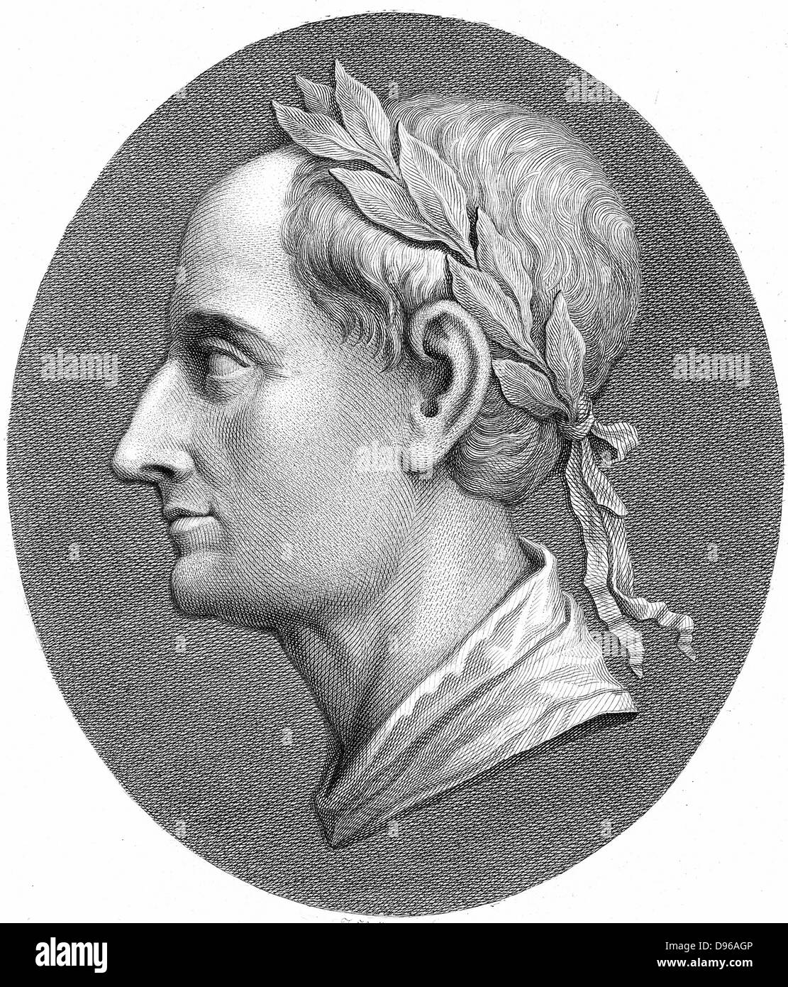 Augustus Caesar - Gaius Julius Caesar Octavianus (BC 63-14 AD), first Roman Emperor from 27 BC. Profile portrait wearing laurel wreath. Late 18th century copperplate engraving Stock Photo