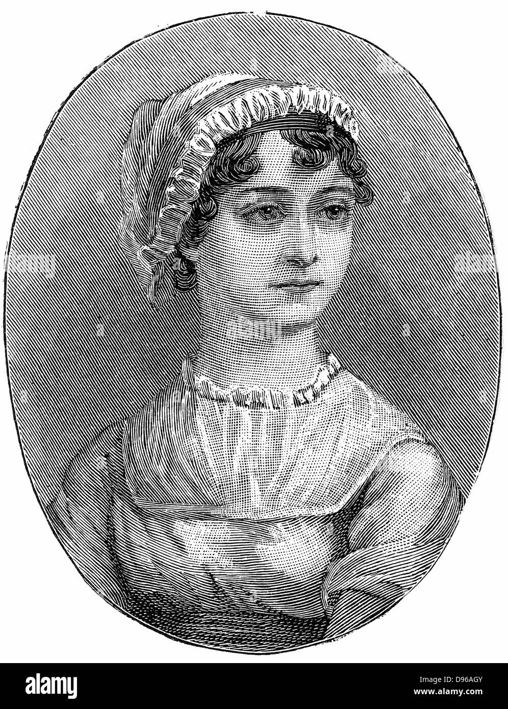 Jane Austen (1775-1817) English novelist remembered for her six great novels 'Sense and Sensibility', 'Pride and Prejudice', 'Mansfield Park', 'Emma', 'Persuasion', and 'Northanger Abbey'. Engraving. Stock Photo