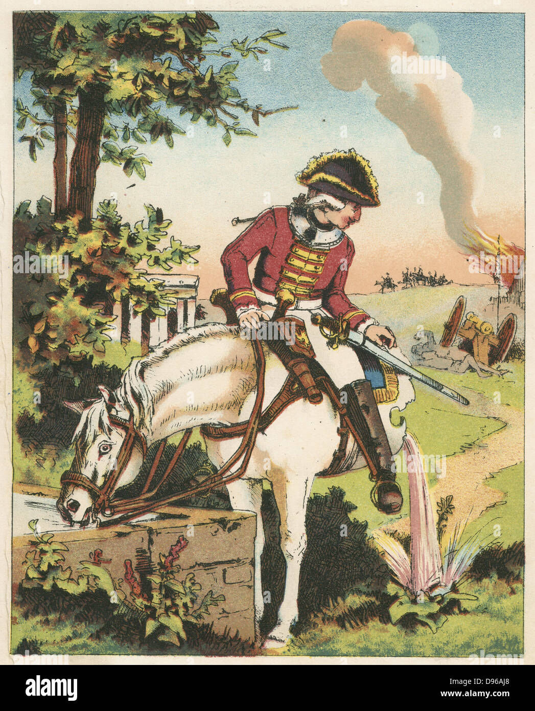 The Baron's marvellous horse, presented to him by Count Przobossky. Continuing to carry its master, and to drink, even though its hindquarters have been severed by the town's portcullis. Chromolithograph from an edition of c.1850. From RE Raspe  'The Travels and Surprising Adventures of Baron Munchausen', first published 1785. Chromolithograph from a French edition c1850. Stock Photo