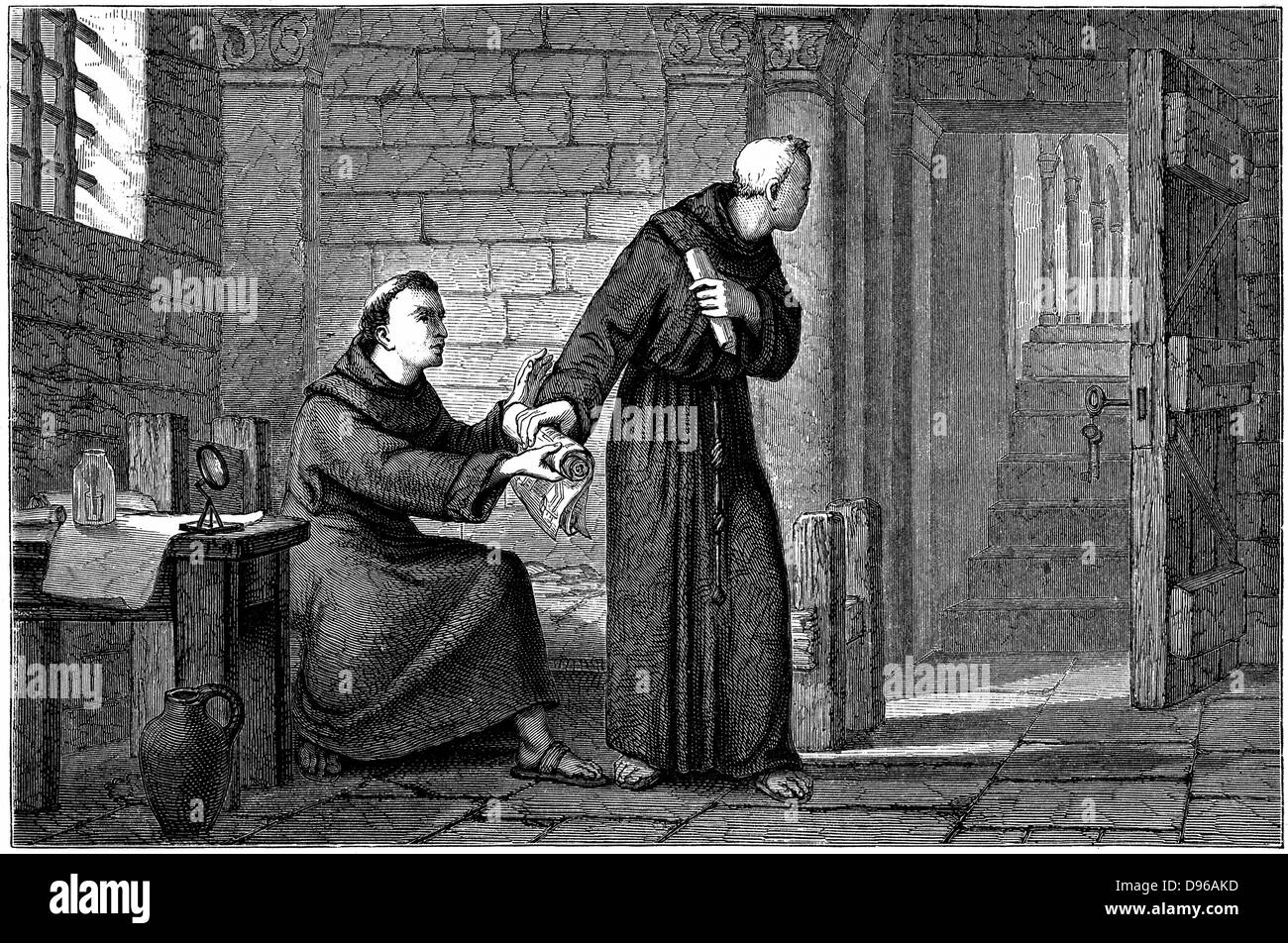 Roger Bacon (c1214-92) English experimental scientist, philosopher and Franciscan (Grey Friar); called 'Doctor Mirabilis'. Bacon imprisoned in monastery in Paris, sending manuscript of his 'Opus Majus' to  Pope Clement IV, using brother friar as messenger Stock Photo