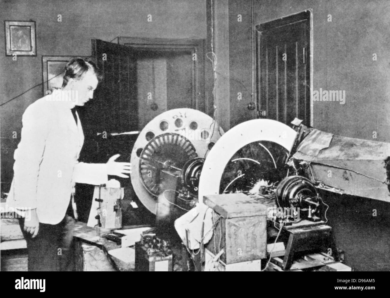 John Logie Baird (1888-1946). Scottish electrical engineer; pioneer of television. Baird with one of his earliest experimental machines. Stock Photo