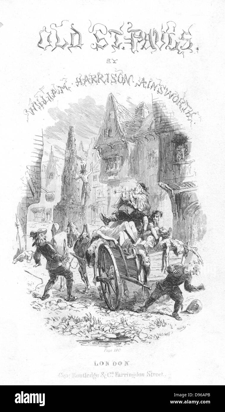 Mike Macascree, the blind musician, terrifying Chowles and the death cart attendants when he comes round in the cart on the way to the plague pit, and begins to play. Plague of London, 1665. Illustration by 'Phiz' (Hablot Knight Browne) for William Harrison Ainsworth 'Old Saint Pauls', London., 1855. Engraving Stock Photo