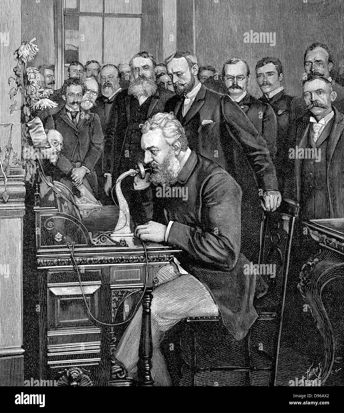 Alexander Graham Bell (1847-1922) Scottish-born American inventor; patented telephone 1876; Bell inaugurating 1520 km telephone link between New York and Chicago, 18 October 1892. Engraving published Paris 1892 Stock Photo