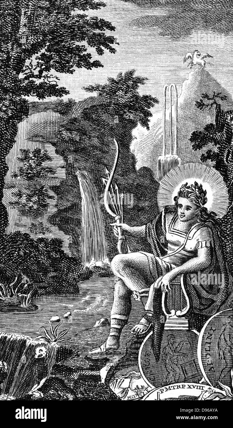 Apollo: Ancient Greek god of music, poetry, archery, prophecy and healing. Laurel was his plant. Depicted as perfection of youthful manhood. Copperplate engraving 1798. Stock Photo