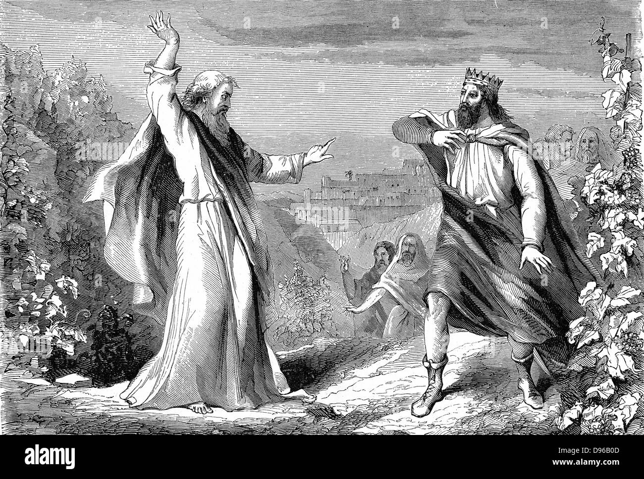 Elijah, Old Testament prophet, denouncing Ahab, idolatrous king of Israel,  in Naboth's vineyard. 'Bible' I Kings. Engraving Stock Photo