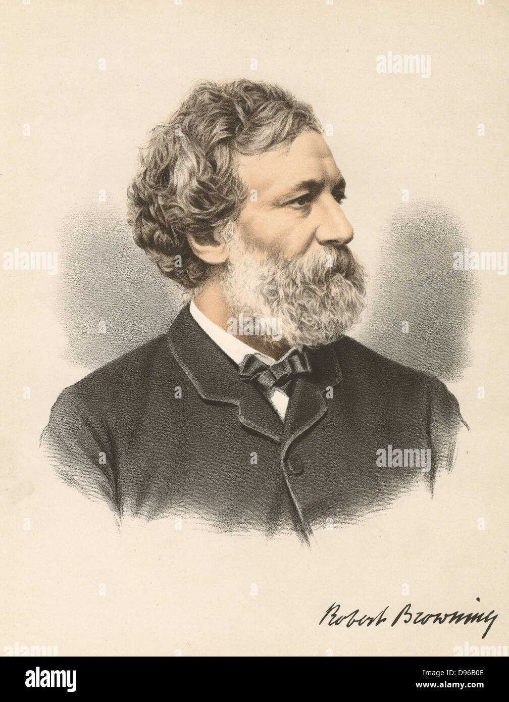 Robert Browning (1812-1889) English poet and dramatist. From 'The Modern Portrait Gallery', Cassell, Petter & Galpin, London c.1880. Tinted lithograph. Stock Photo