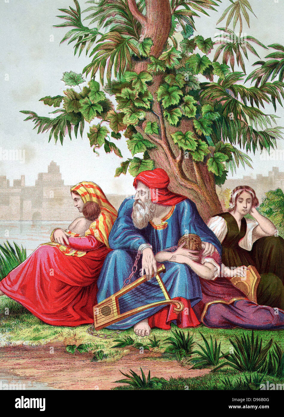 Constancy of the Jews in captivity. 'By the rivers of Babylon, there we sat down, yea, we wept when we remembered Zion'. 'Bible': Psalm 137. Chromolithograph c1860. Jews made captive in Babylon by king Nebuchadnezzar (Nebuchadrezzar) 597 BC until released Stock Photo