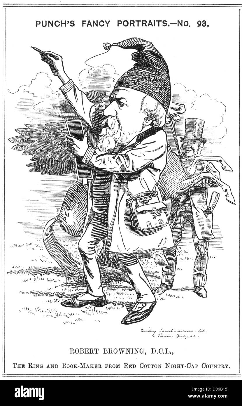 Robert Browning (1812-1889) English poet. Cartoon by Edward Linley  Sambourne in the Fancy Portraits series from 'Punch', London, 22 July 1882.  The legend refers to Browning's 21,000 line blank verse poem 'The