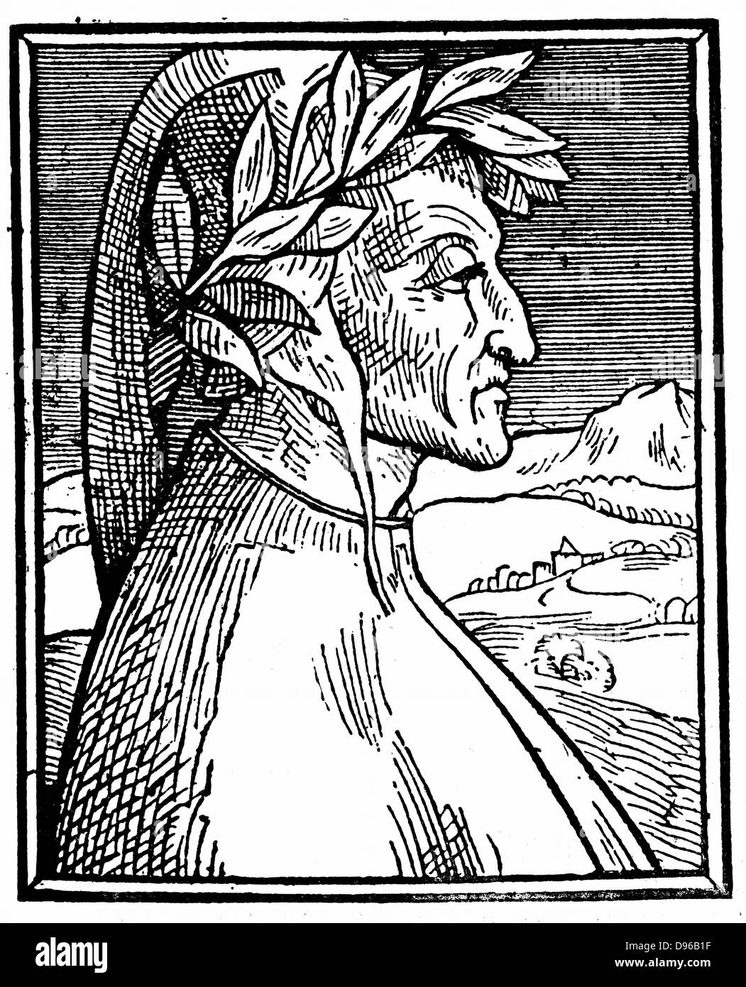 Dante Alighieri (1265-1321)  Italian poet.  Woodcut portrait published 1521, thought to be from miniature by Guilio Clovis Stock Photo