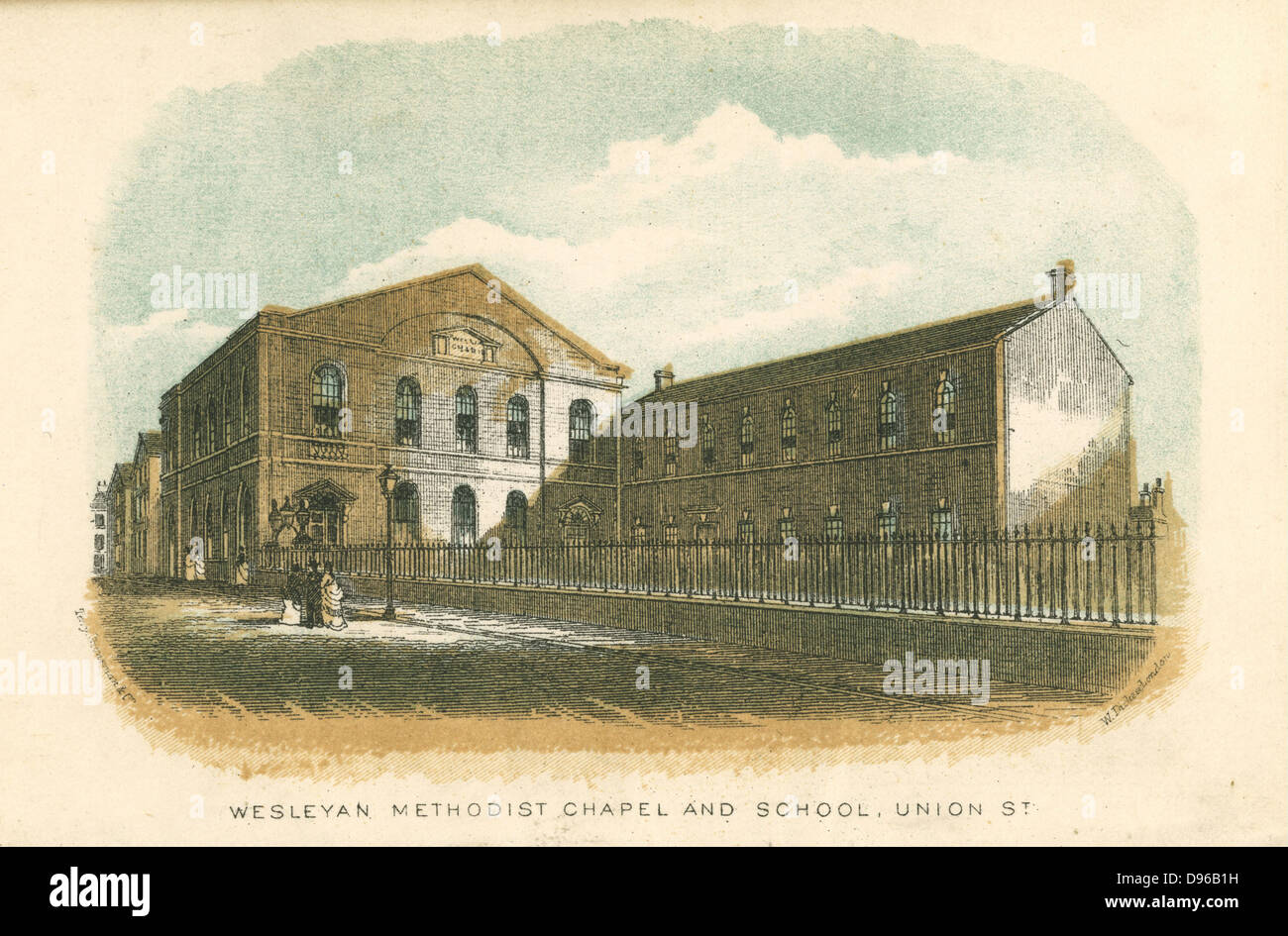 Rochdale, Lancashire, England. Wesleyan Methodist Chapel and School, Union Street. From William Robertson 'Rochdale Past and Present', Rochdale, 1876. Colour-printed engraving. Stock Photo