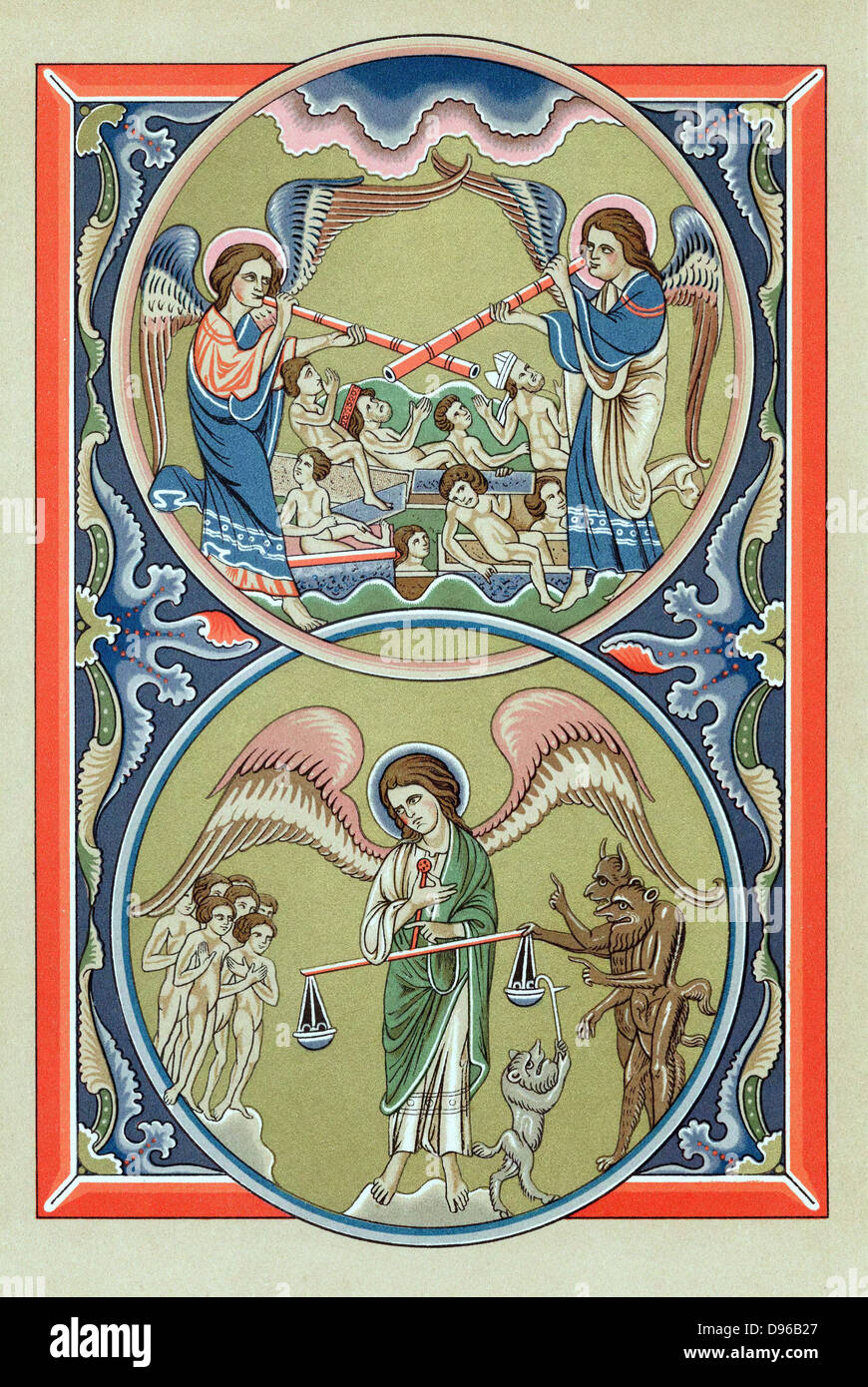 Resurrection of the dead and weighing of souls at the Last Judgement. Chromolithograph after 13th century Psalter. Stock Photo