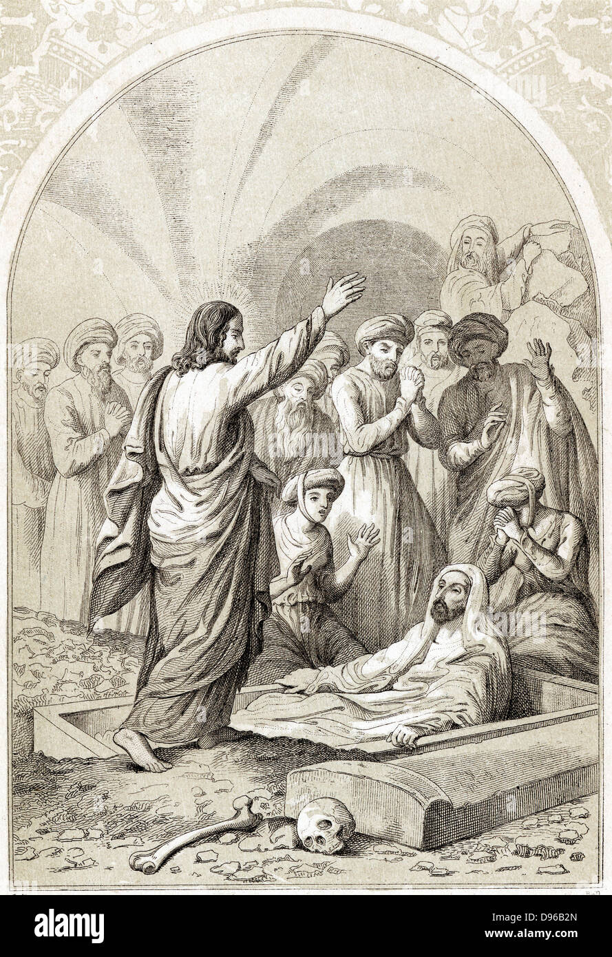 Jesus raising Lazarus from the tomb. Wood engraving c1880 Stock Photo
