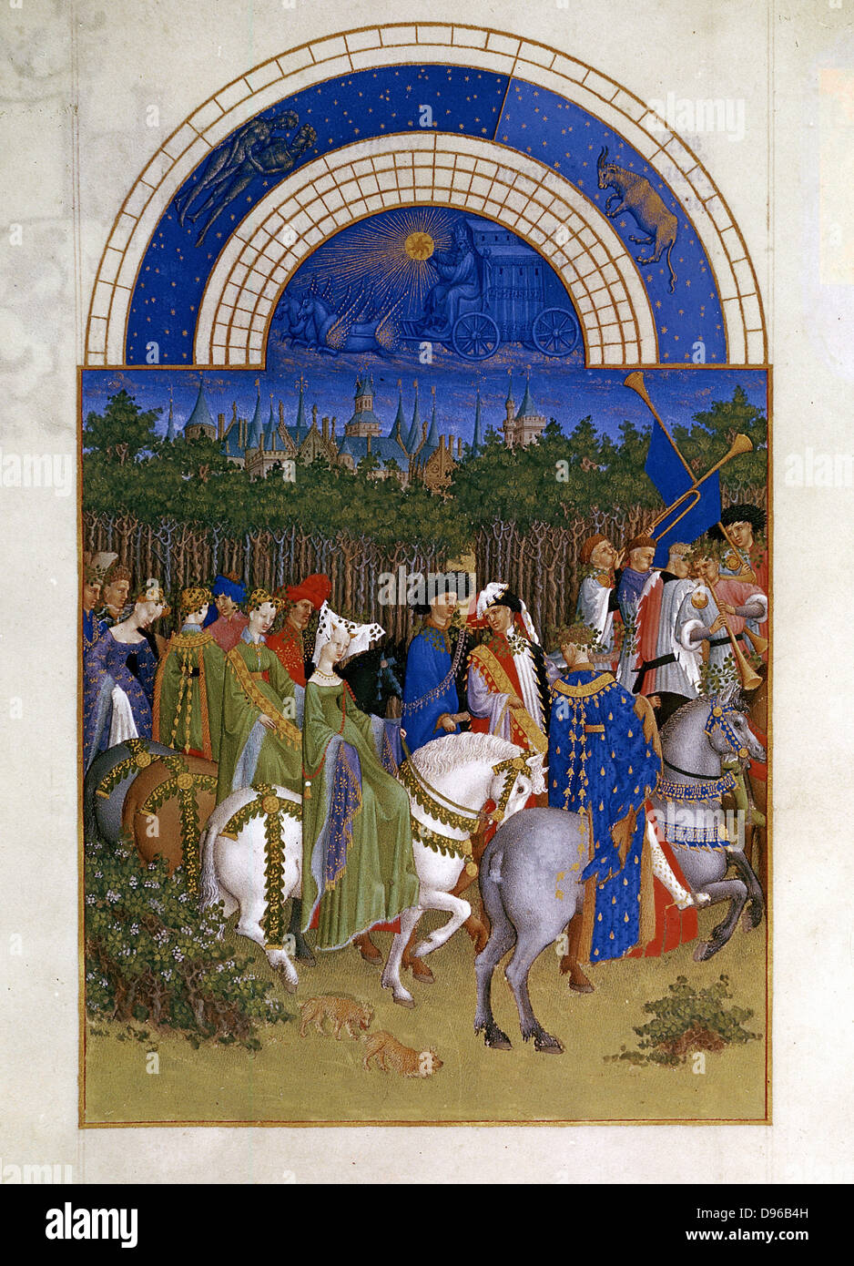 May: Lords and ladies, mounted, progressing along road by woods, preceded by trumpeters. At top are two zodiacal signs for May, Taurus and Gemini. From 'Tres Riches Heures du Duc de Berry'. Book of hours by Limbourg brothers pre-1416. Musee Condee, Chantilly. Stock Photo