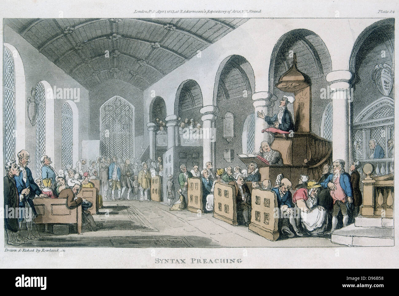 Dr Syntax Preaching. Aquatint by Rowlandson from 'The Tour of Dr Syntax in Search of the Picturesque', Ackermann, London, 1813. Pulpit with sounding board over. Pews for moneyed classes (servant sits outside pew). Gallery at right back. Poor stand at back of aisle, Stock Photo
