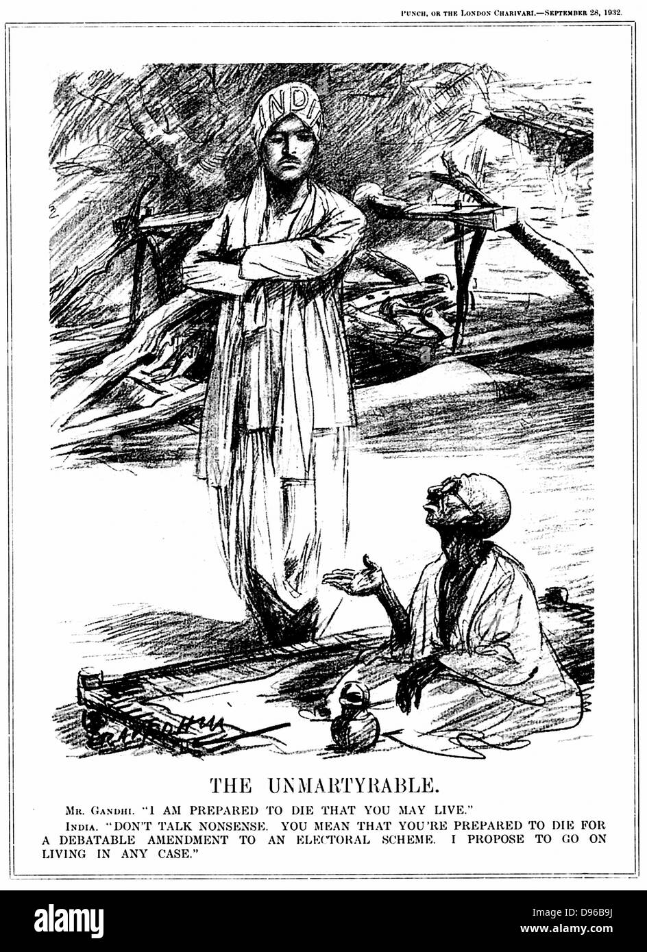 Mohondas Karamchand Gandhi  (1869-1948), known as Mahatma (Great Soul). Indian Nationalist leader.  Gandhi fasting in protest against the British government's proposal to segregate India's Untouchables, even to the extent of allotting them different electorates. Cartoon from 'Punch', London, 28 September 1932 Stock Photo
