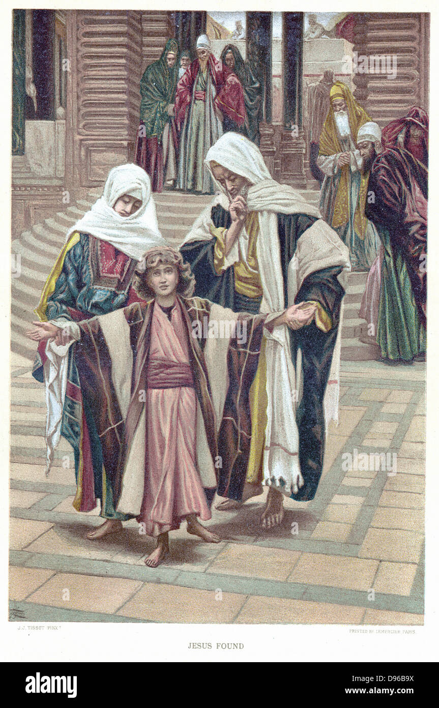 Mary and Joseph finding the young Jesus in the Temple where he had been