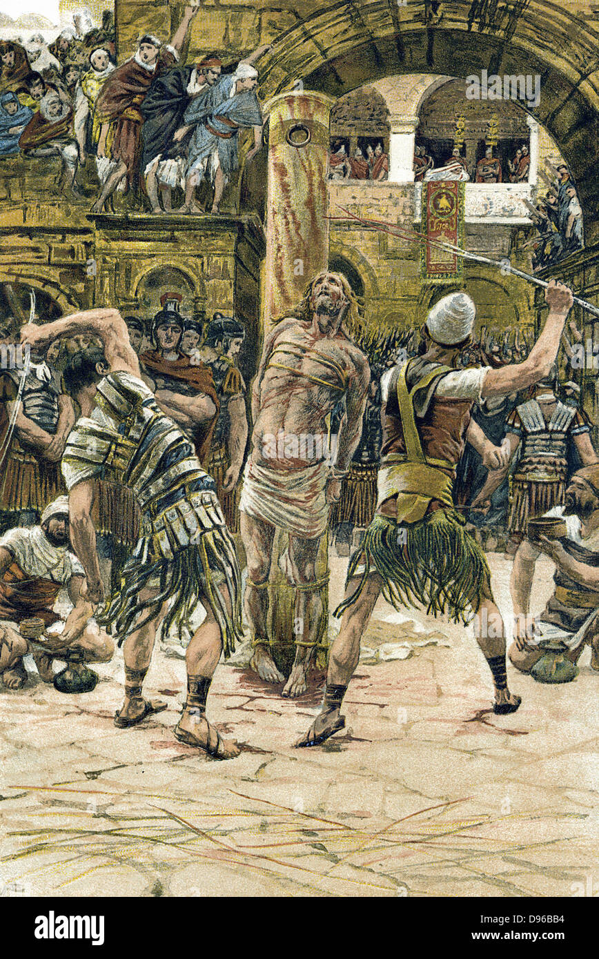 Jesus scourged on the face.  John:9.   Illustration by J.J.Tissot for his 'Life of Our Saviour Jesus Christ', 1897. Oleograph. Stock Photo