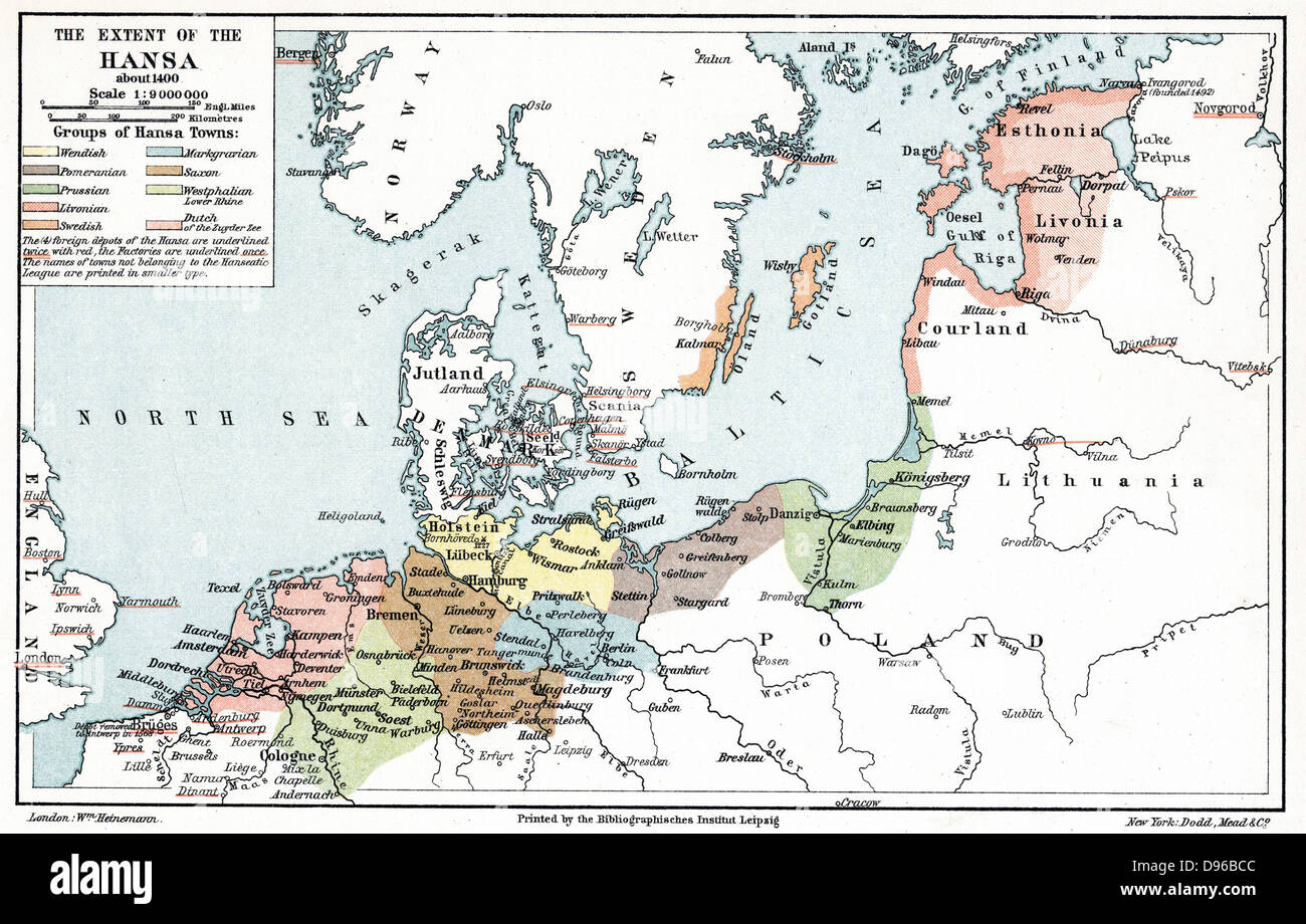 Map of the extent of the Hanseatic League in about 1400 Stock Photo