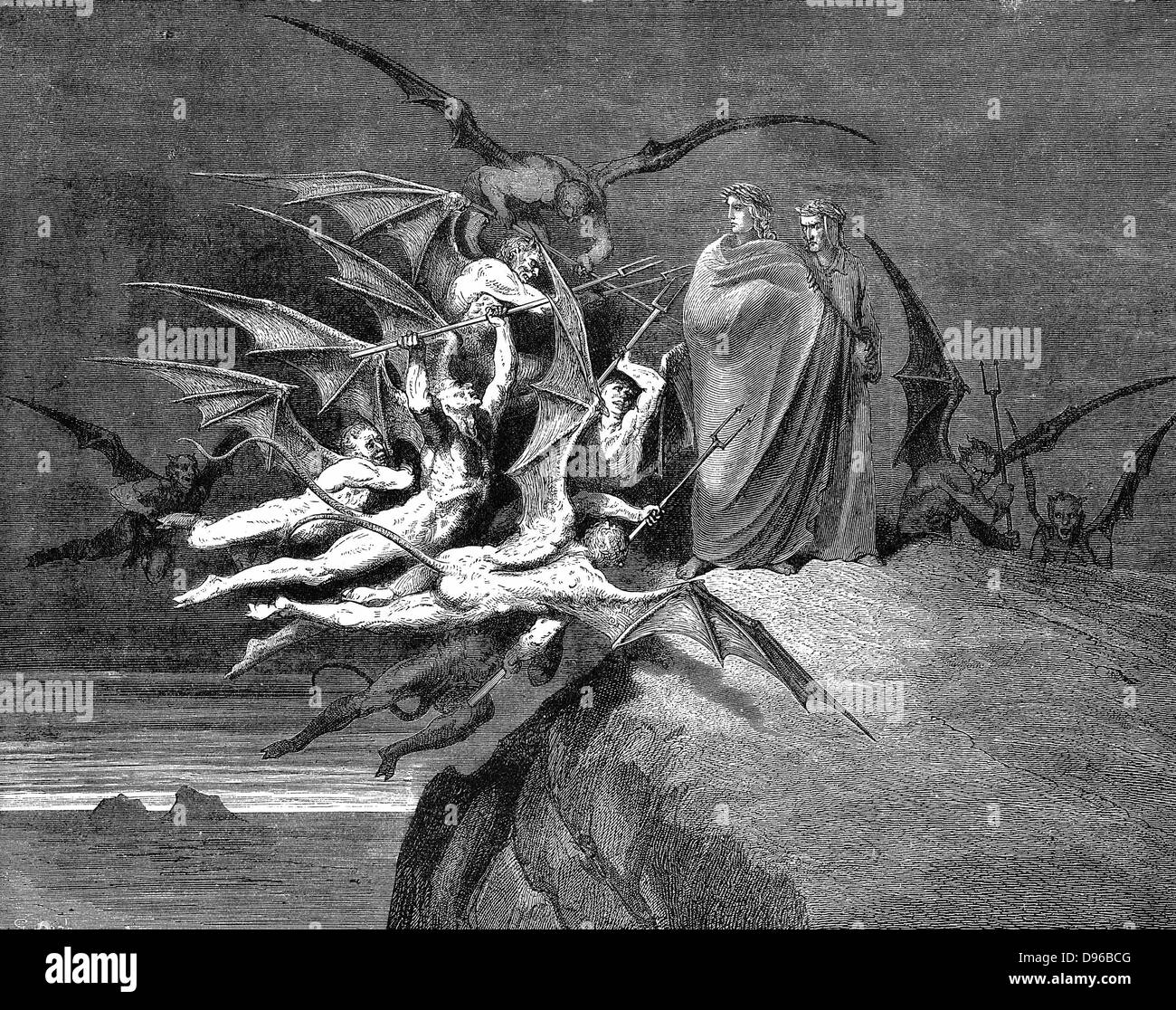 Dante and Virgil beset by demons on their passage through the eighth circle. Illustration (1861) by Gustave Dore for Dante 'Inferno', Canto XXI. Wood engraving Stock Photo