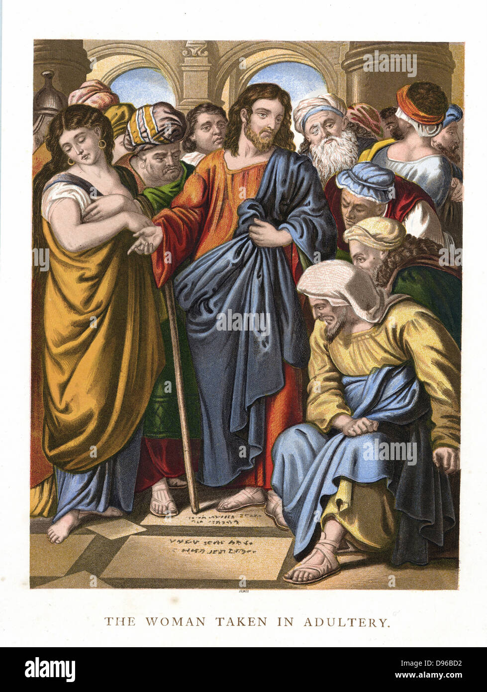 Jesus defending the woman taken in adultery against the Scribes and the Pharisees, saying: 'Let him that is without sin among you, first cast a stone at her'. John:8. Mid-19th century chromolithograph. Stock Photo