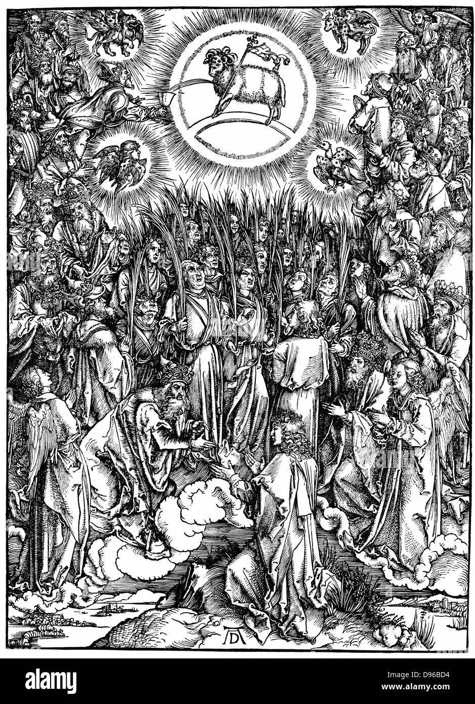 The Revelation of S. John (Apocalypse) The Adoration of the Lamb and the Hymn of the Chosen Woodcut by Albrecht Durer c1498. Stock Photo