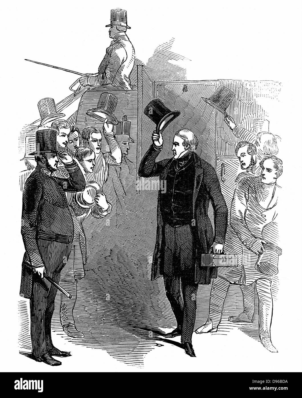 Robert Peel (1788-1850) British statesman, arriving at House of Commons, January, 1846, being saluted by a member of the London police force which he reformed, and which became known as 'Peelers' or 'Bobbies. Woodcut, 1846. Stock Photo