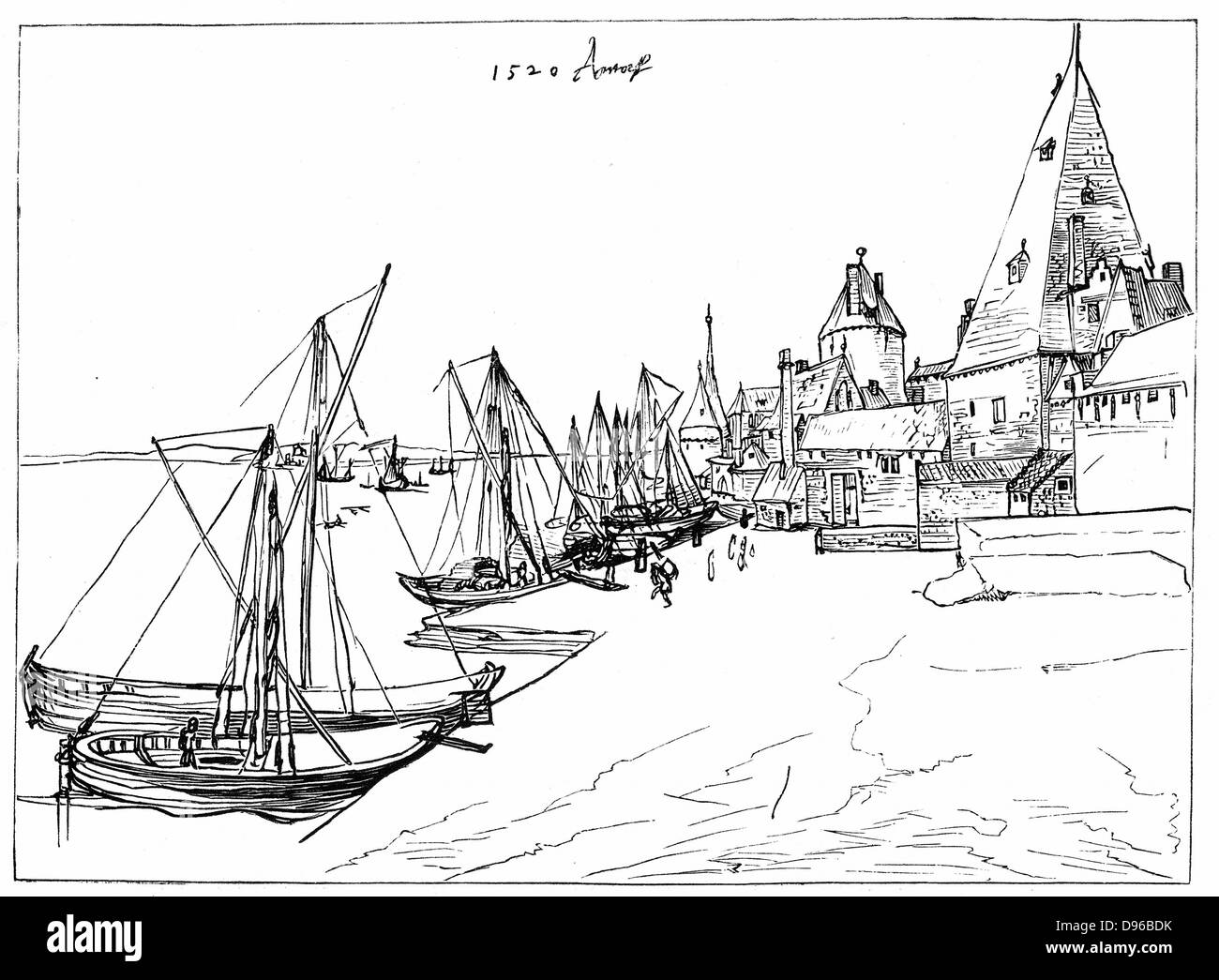 Port of Antwerp (Anvers) in 1520. After drawing by Albrecht Durer. Stock Photo