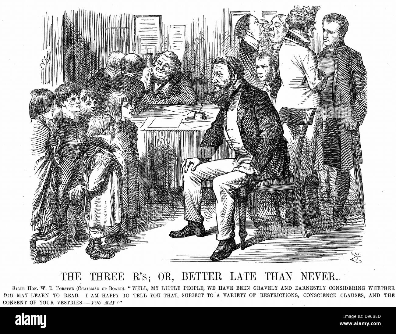 William Edward Forster (1818-1886), British Liberal statesman.  In 1870, in Gladstone administration, carried Elementary Education Act through Parliament. Much groundwork for the Act done by his brother-in-law Matthew Arnold, poet and literary critic. John Tenniel cartoon from 'Punch' London March 1870 showing Forster as Chairman of a Board School speaking to pupils. Engraving Stock Photo